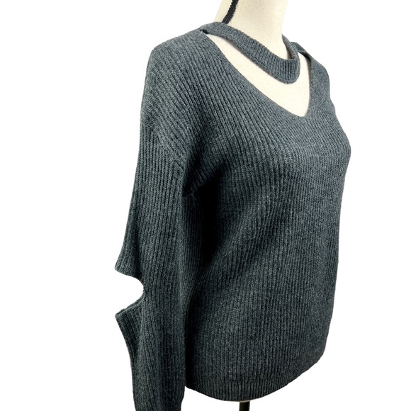 Choker Collar Sweater Peek-A-Boo Elbows Ribbed Knie Gray Small - Picture 4 of 11